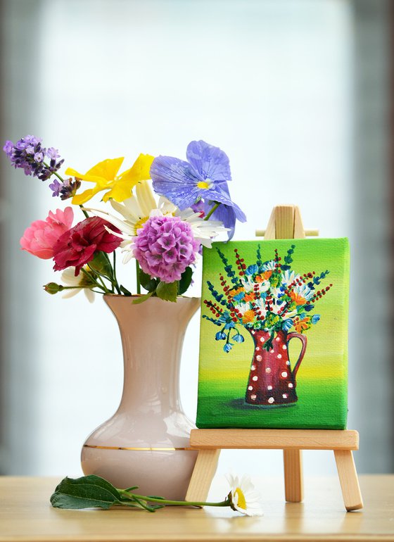 flowers in red pot, original acrylic miniature painting, still life