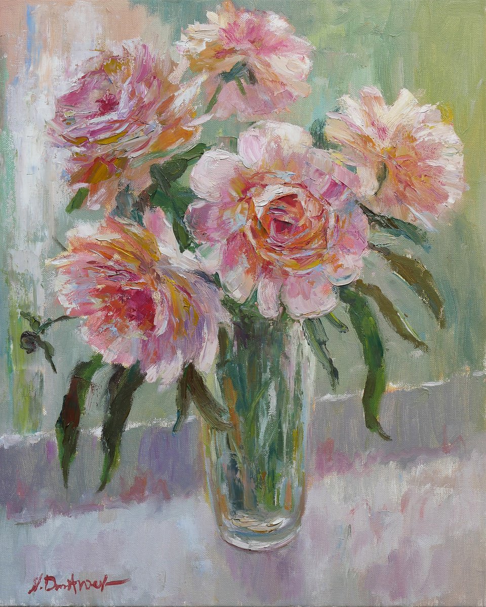 Light Peonies - impressionist sunny still life painting by Nikolay Dmitriev