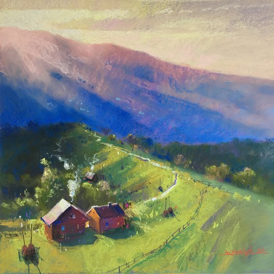 Ukrainian art Sunrise in Mountains Carpathian. Soft pastel 19.6x19.6 inch (50x50 cm)