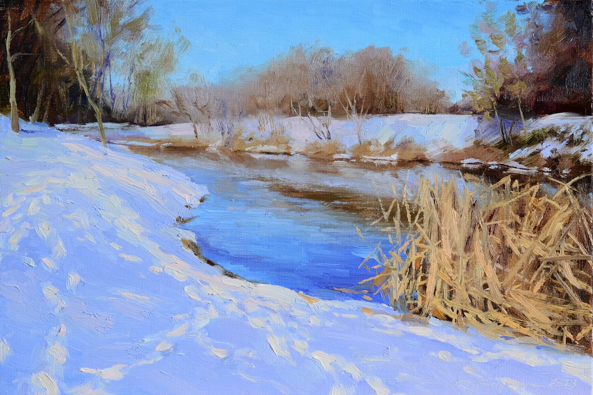 Impressionistic Landscape Oil Painting By Ruslan Kiprych, 12 X 8", Footprints In The Snow, Original Artwork
