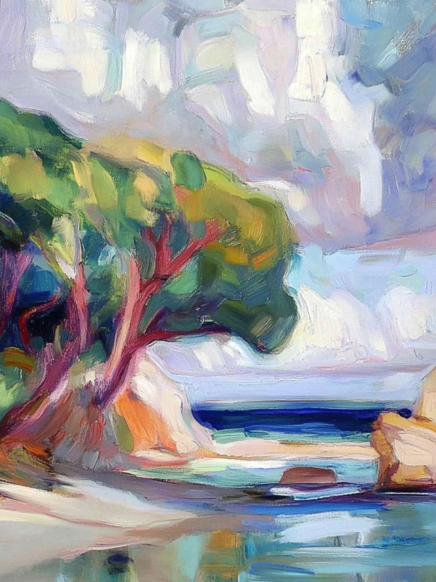 Impressionistic Landscape Print By Elena Avanesova, 24 X 31, Tree By The Sea, Original Artwork