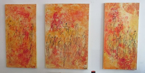 orange Dancers on canvas  Triptychon 47,3 x 79 inch