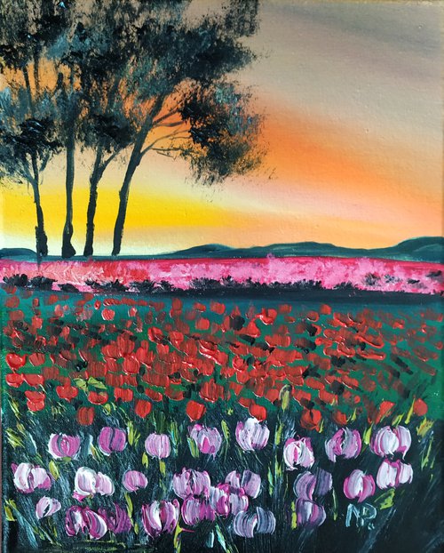 Field of tulips, original landscape oil painting, Gift art, bedroom painting by Nataliia Plakhotnyk