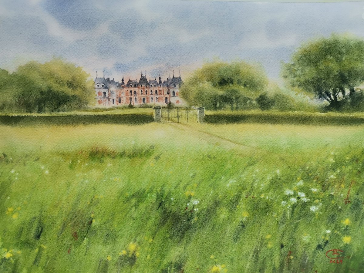 Impressionistic Landscape Watercolour By Tatyana Tokareva, 16 X 12", Clermont Castle In Spring, Original Artwork