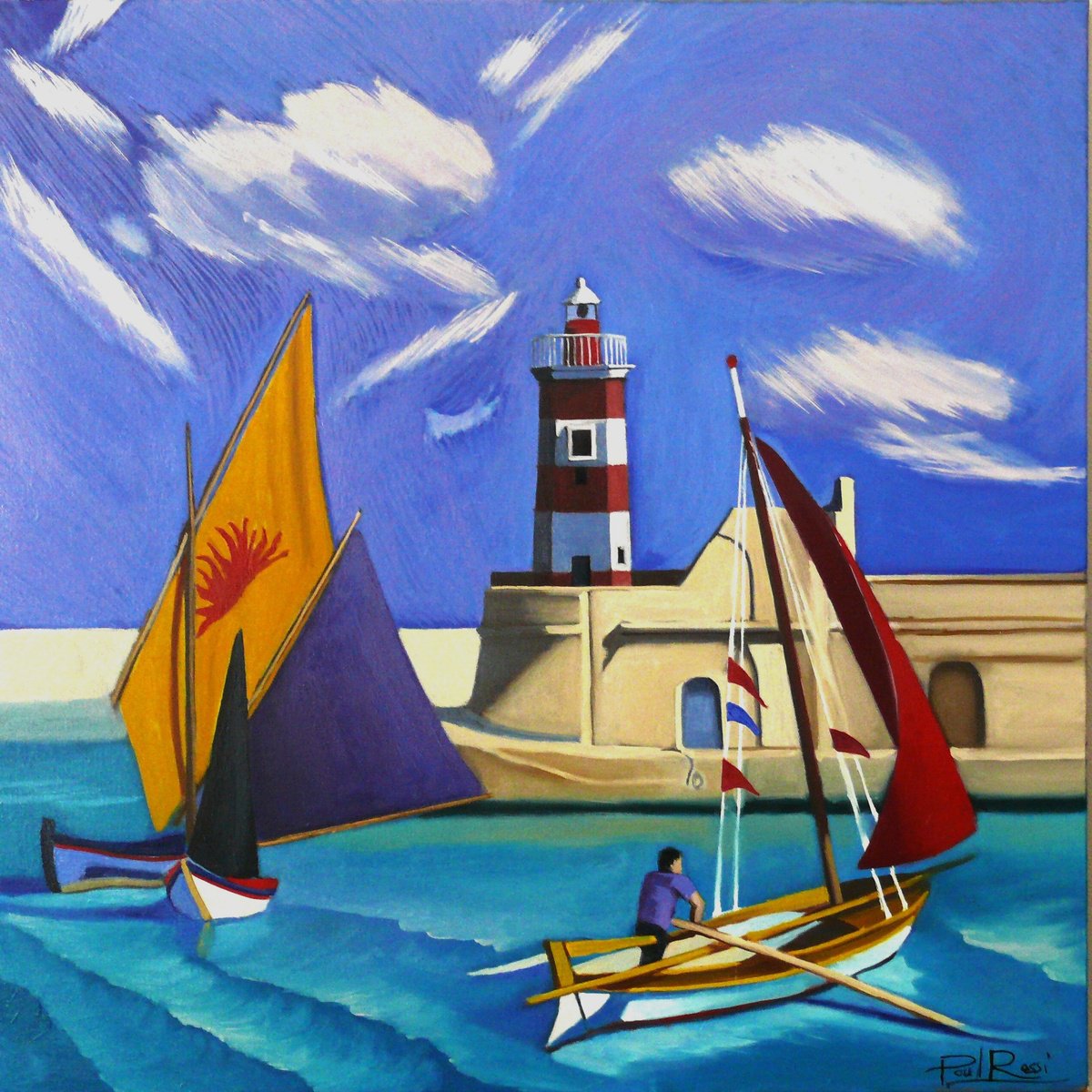 Landscape Oil Painting By Paul Rossi, 20 X 20", Harbour Scene In Puglia, Original Artwork