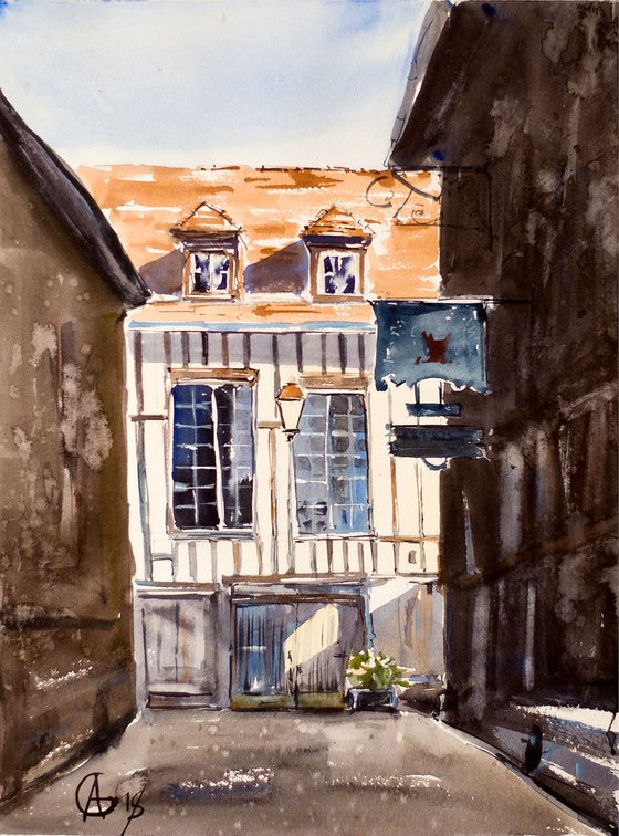 Normandy old street. Honfleur. Original watercolor. Small impressionistic urban old town france urban light and shadow