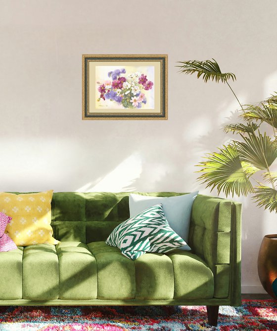 Cosmos and ageratum. Summer bouquet