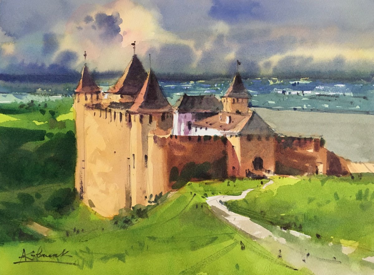 Impressionistic Landscape Watercolour By Andrii Kovalyk, 15 X 11, Ancient Khotyn Fortress, Original Artwork