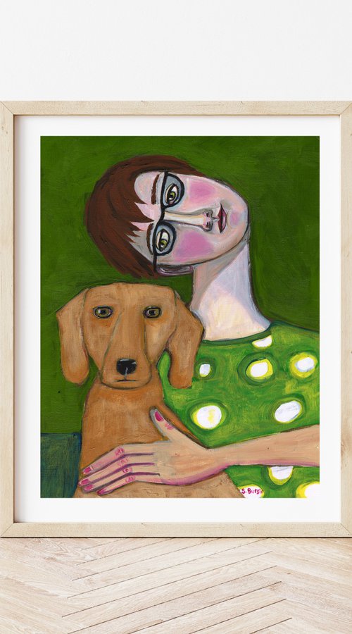 Humour Lady with Dachshund Sausage Dog by Sharyn Bursic