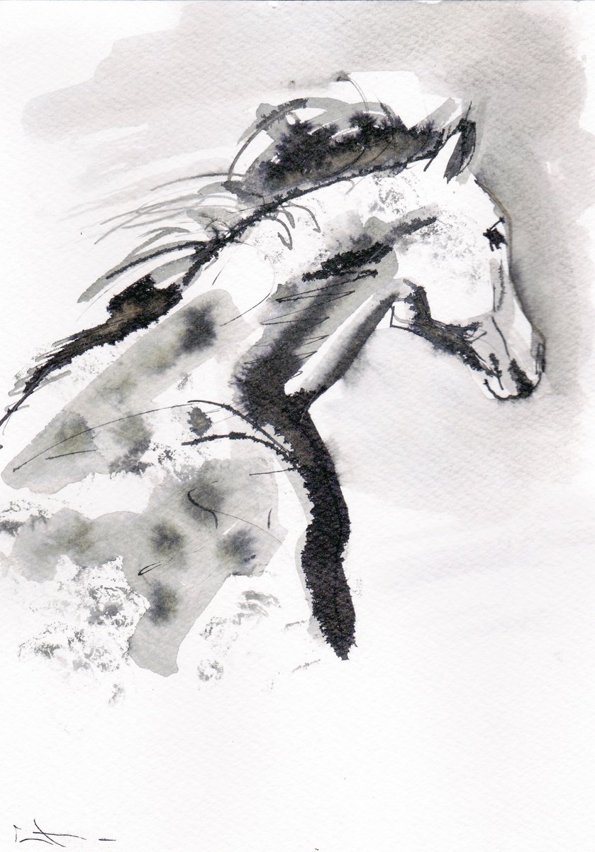 Expressive Animal Ink Drawing By Lionel Le Jeune, 6 X 8", Horse, Original Artwork