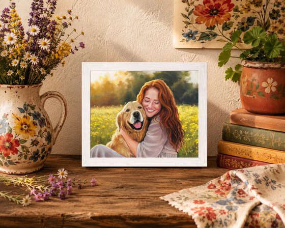 Smiling red-haired woman hugging a dog