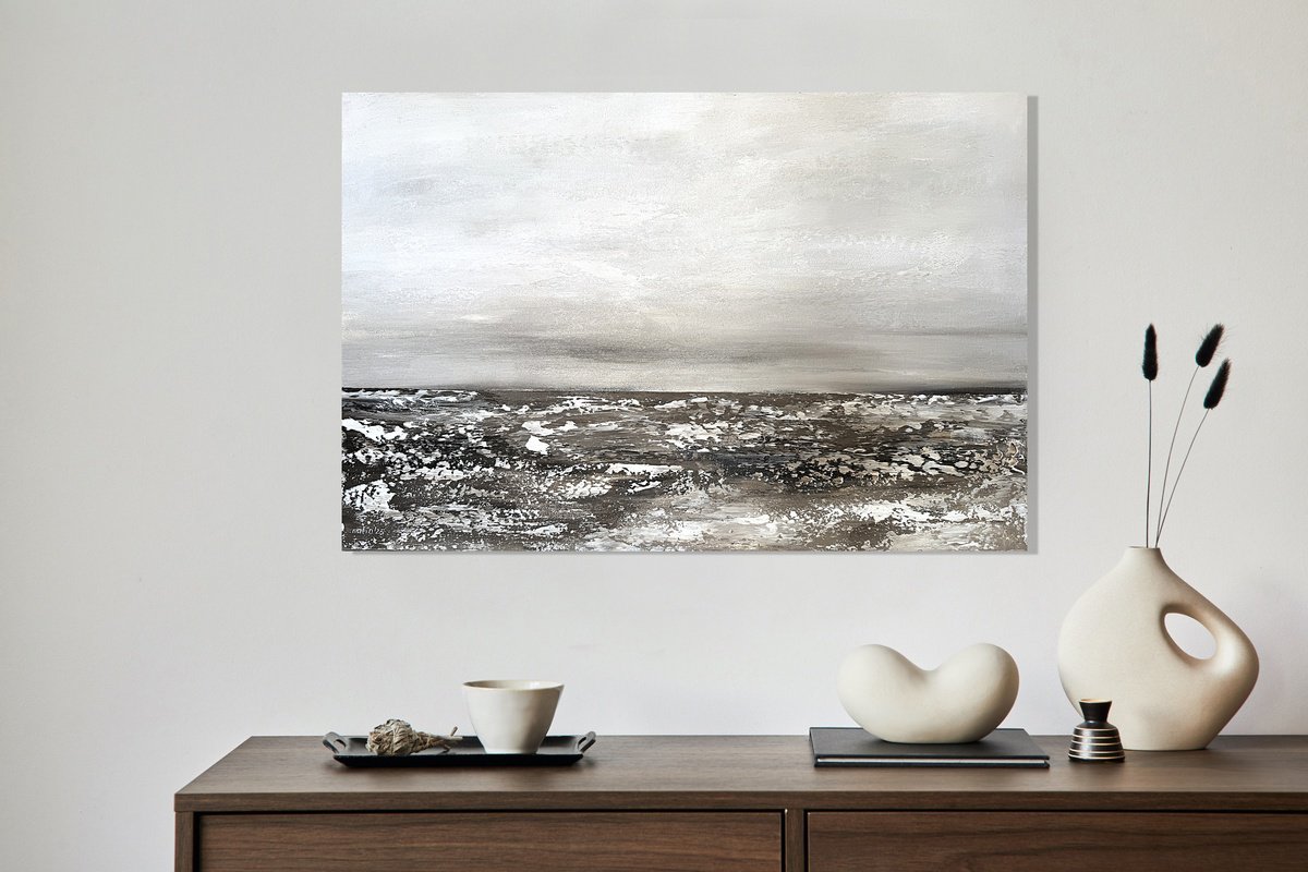 Organic Landscape Acrylic Painting By Tatiana Malinovscaia, 35 X 24", Monochrome Seascape In Grey, Original Artwork