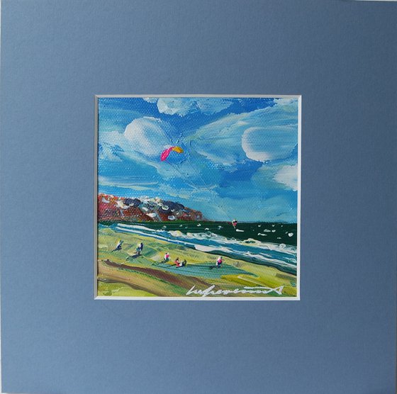 Kiting in Greece Scascape Painting in Acrylics, Sunny Beach Scene, Wind and Kite Surfing in the Sea