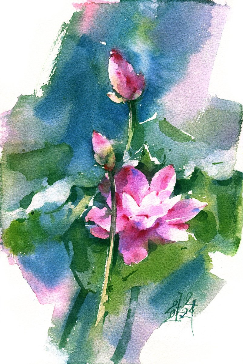 Impressionistic Botanical Watercolour By Ksenia Selianko, 7 X 11", Lotuses Awakening, Original Artwork