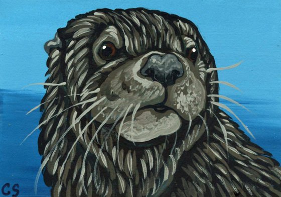 ACEO ATC Original Miniature Painting River Otter Wildlife Art-Carla Smale