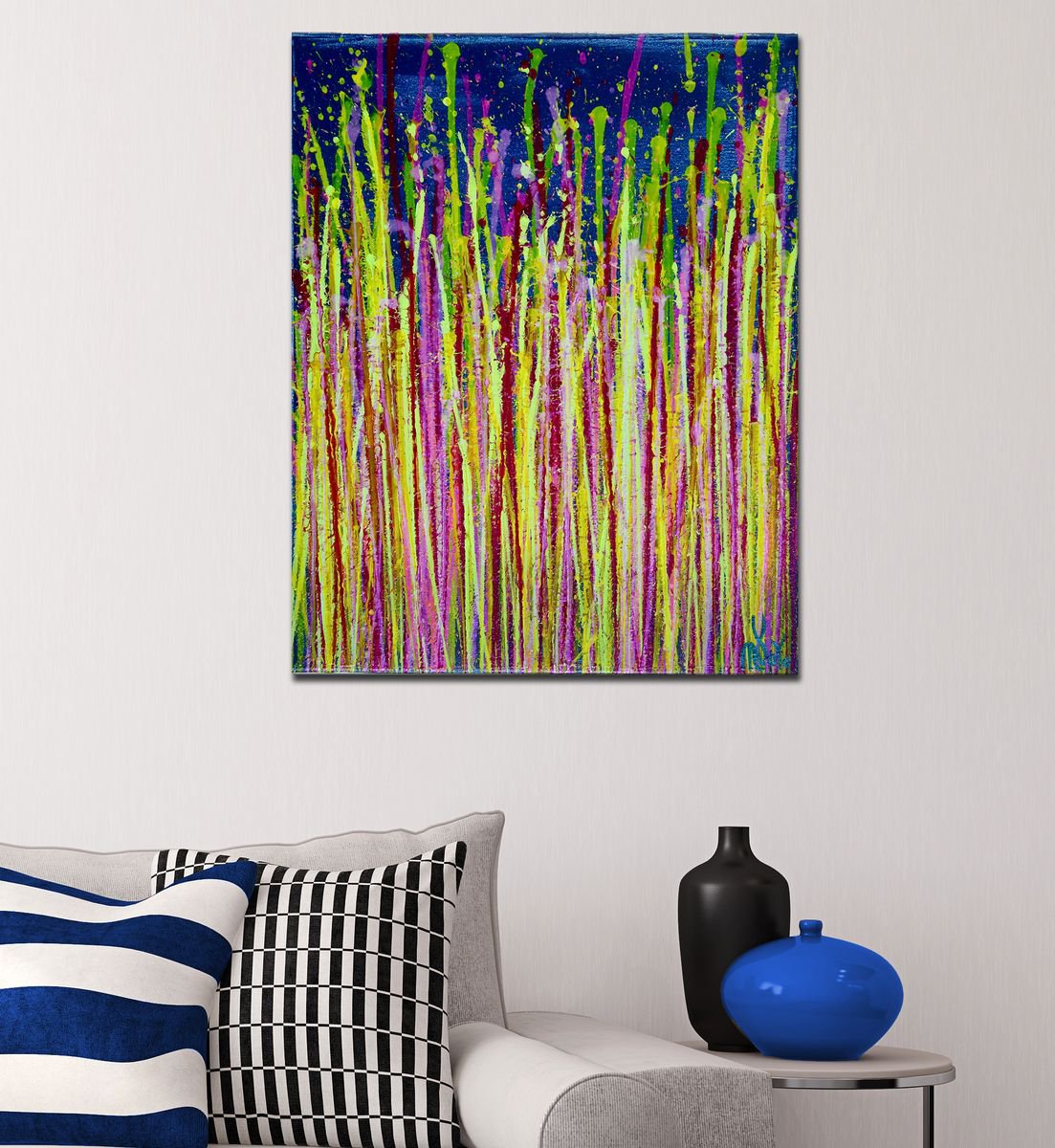 Abstract Acrylic Painting By Nestor Toro, 16 X 20", Small Vibrations (Drizzles On Blue) By Nestor Toro, Original Artwork