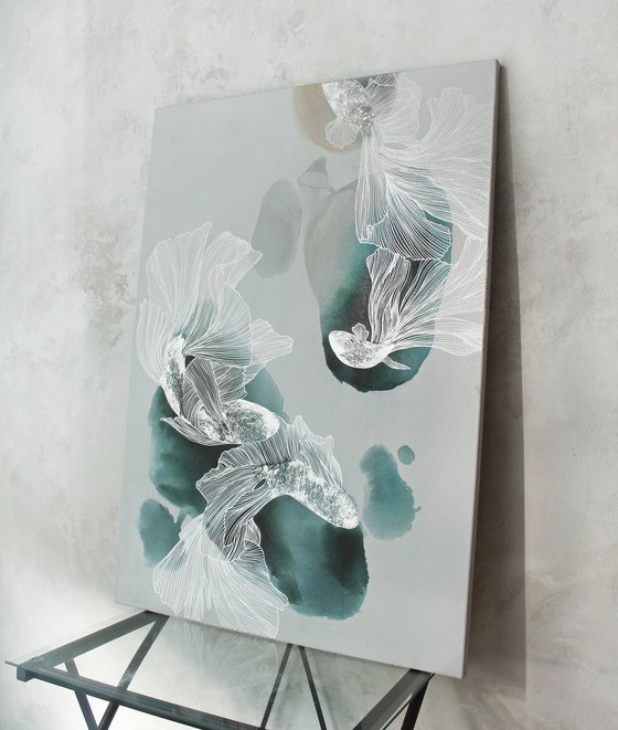 "Immensity" Abstract teal silver fish art