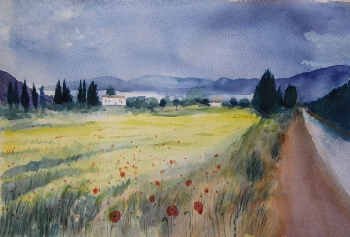 Mediterranean Landscape with poppies by Mary Stubberfield