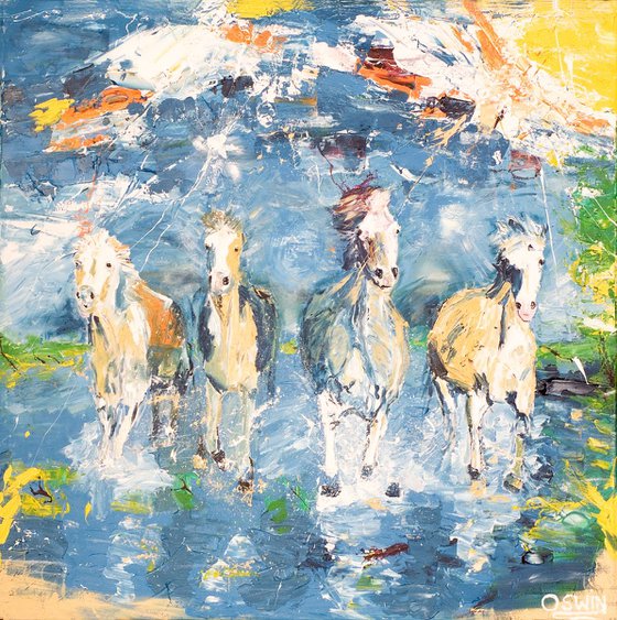 Horse painting - Four horses 100 x 100 cm.