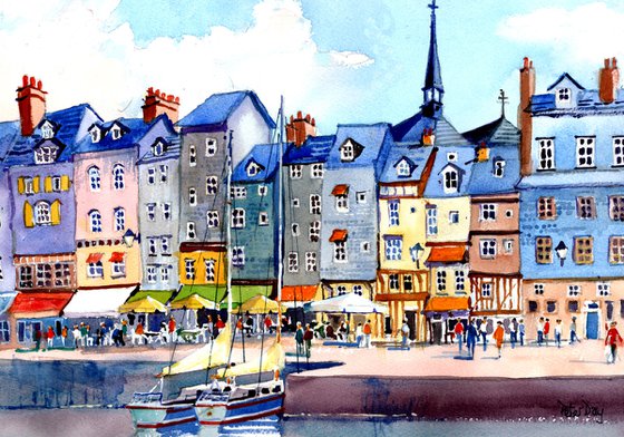 Harbourside, Honfleur, Normandy, France. Harbour, boats & buildings. Cafes & Restaurants