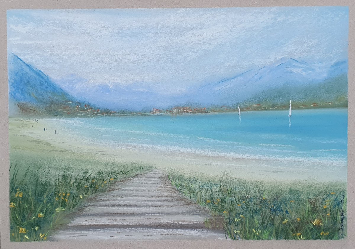 Impressionistic Landscape Pastel Drawing By Yulia Schuster, 13 X 9", Infinite Blue, Original Artwork