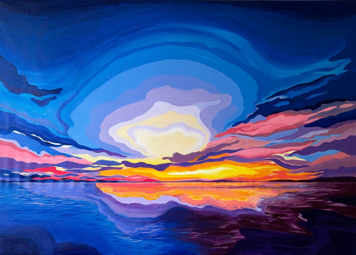 Expressive Landscape Acrylic Painting By Alexandra Dobreikin, 39 X 28, Behind Dark Night Dawn, Original Artwork