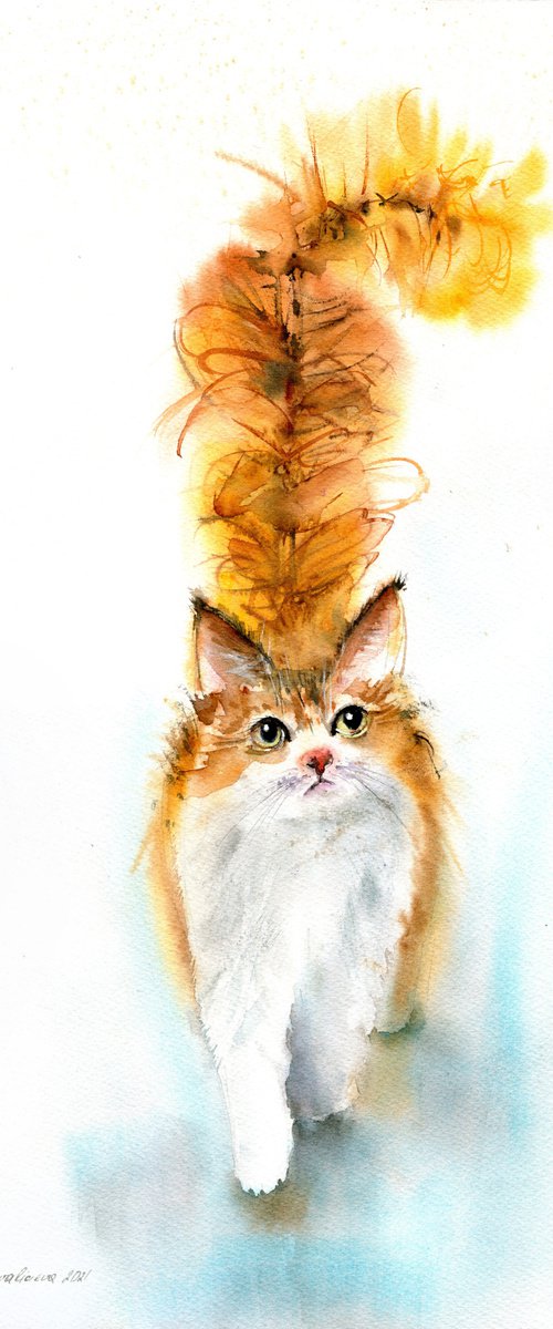 Red cute cat original watercolor artwork red cat with long tail , living room decor , farmhouse decor unique  gift  for pet lovers by Irina Povaliaeva