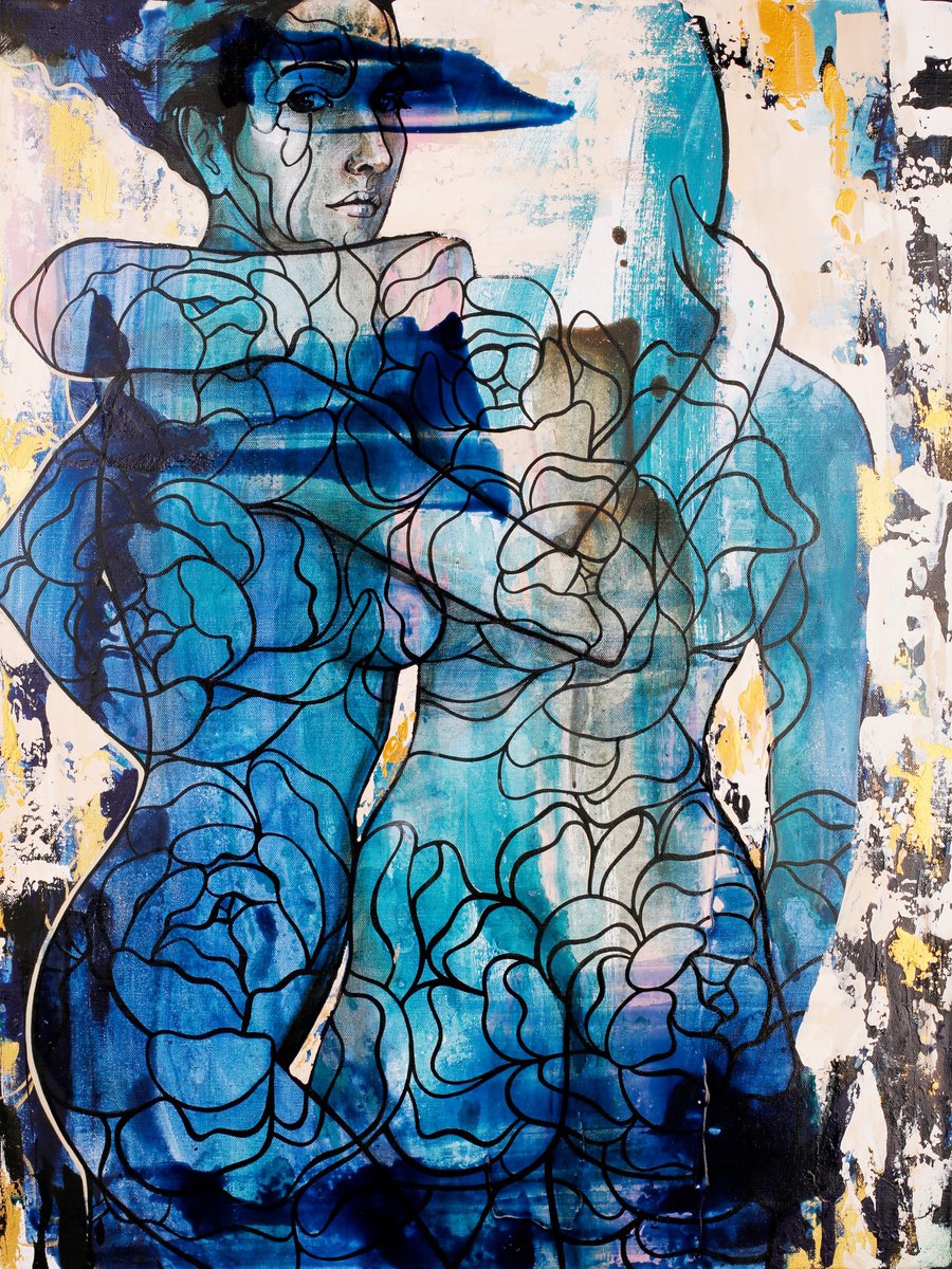 Abstract Portrait Acrylic Painting By Tetiana Cherevan, 24 X 31", I Came Up With You, Original Artwork