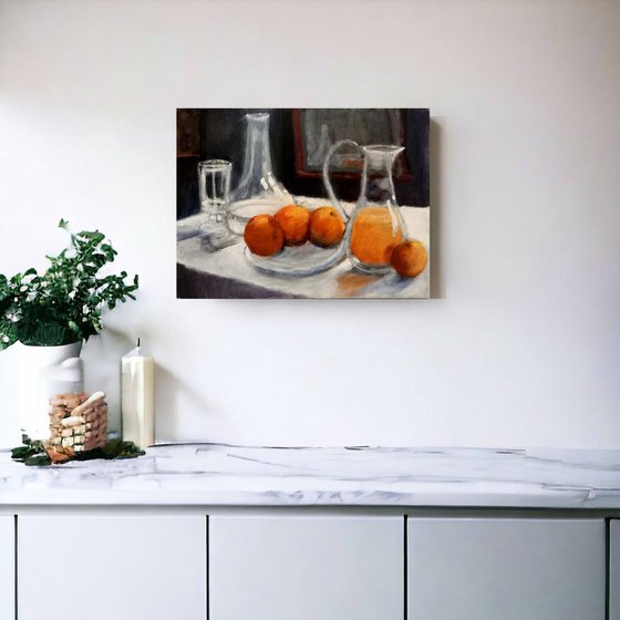 Still life with Glassware and Oranges