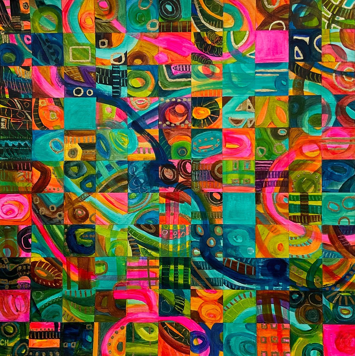 Geometric Abstract Acrylic Painting By Christine Harrison, 19 X 19, Ignite I, Original Artwork