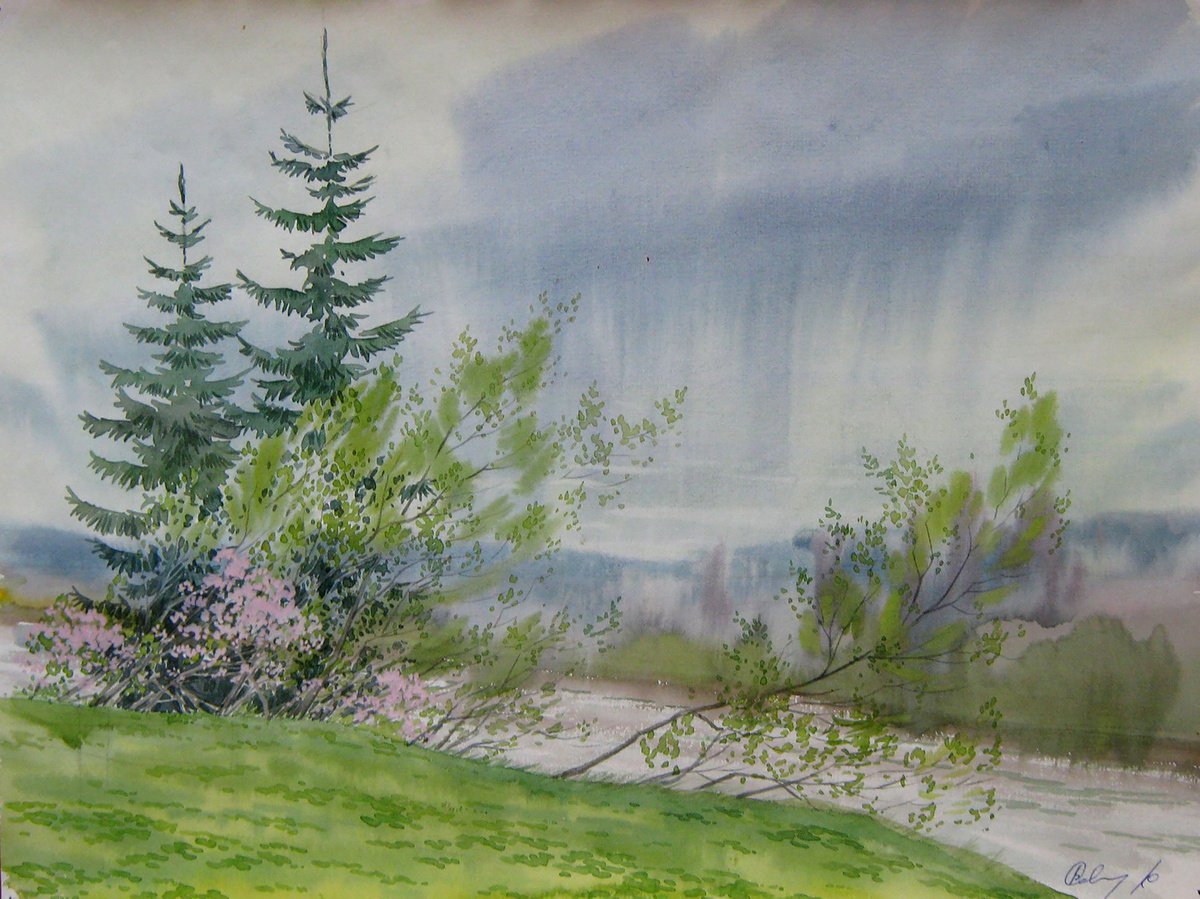 Impressionistic Landscape Watercolour By Valeriy Savenets-1, 2 X 2", April. It Got Colder, Original Artwork