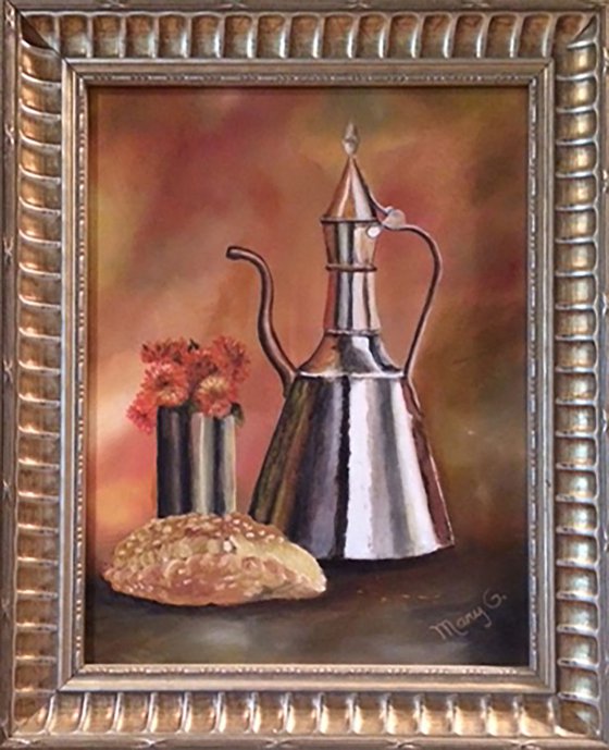 Silver Antique Kettle Original Oil Painting in a gorgeous frame 12x16