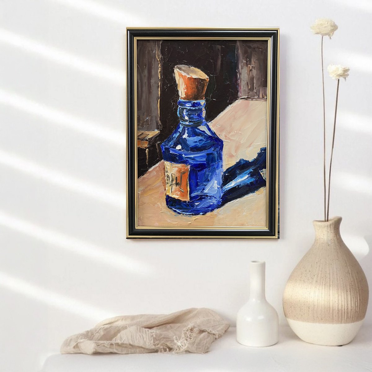 Expressive Still Life Oil Painting By Vita Schagen, 9 X 13", Blue Glass Mystery Bottle., Original Artwork
