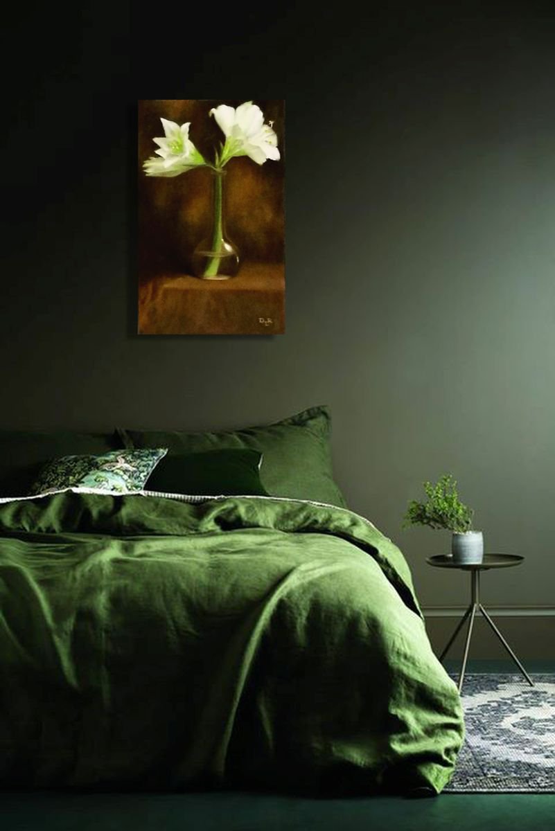 Expressive Botanical Oil Painting By Daniela Roughsedge, 11 X 17, White Amaryllis, Original Artwork
