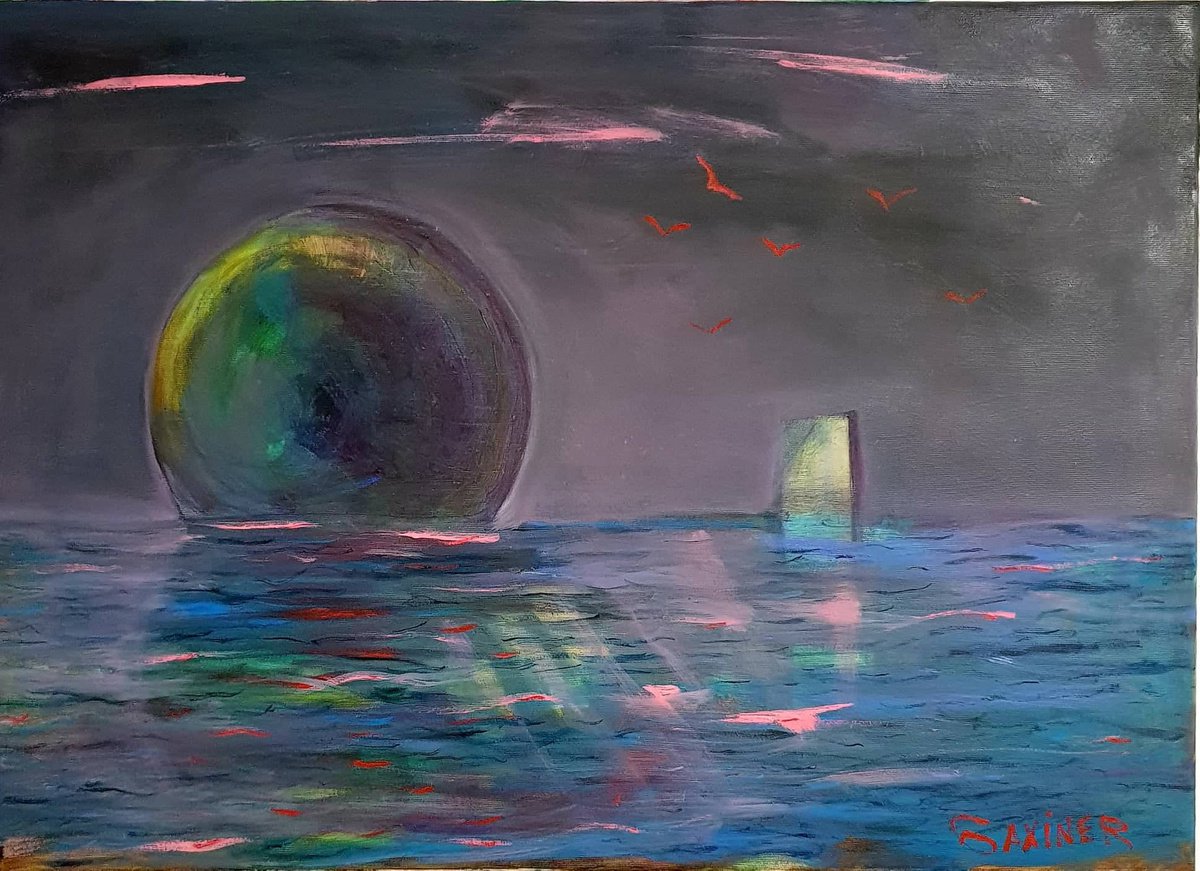 Urban And Pop Abstract Oil Painting By Leo Baxiner, 28 X 20", Black Planet, Original Artwork