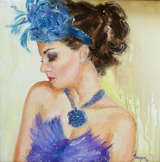 Original oil painting,woman portrait,retro portrait,small painting,Blue Flower
