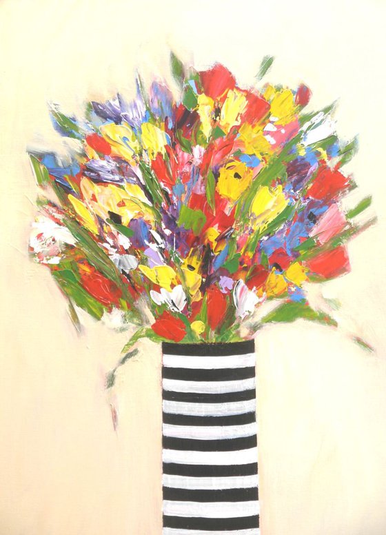 Summer Flowers in Striped Vase