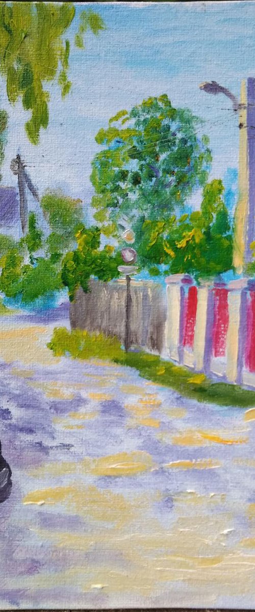 Street in Village with a black car Plein Air Oil Painting by Dmitry Fedorov