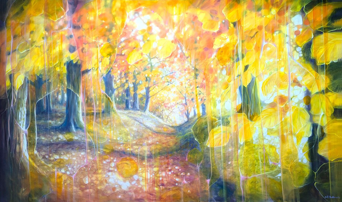 Expressive Landscape Oil Painting By Gill Bustamante, 60 X 36, The Autumn Portal, Original Artwork