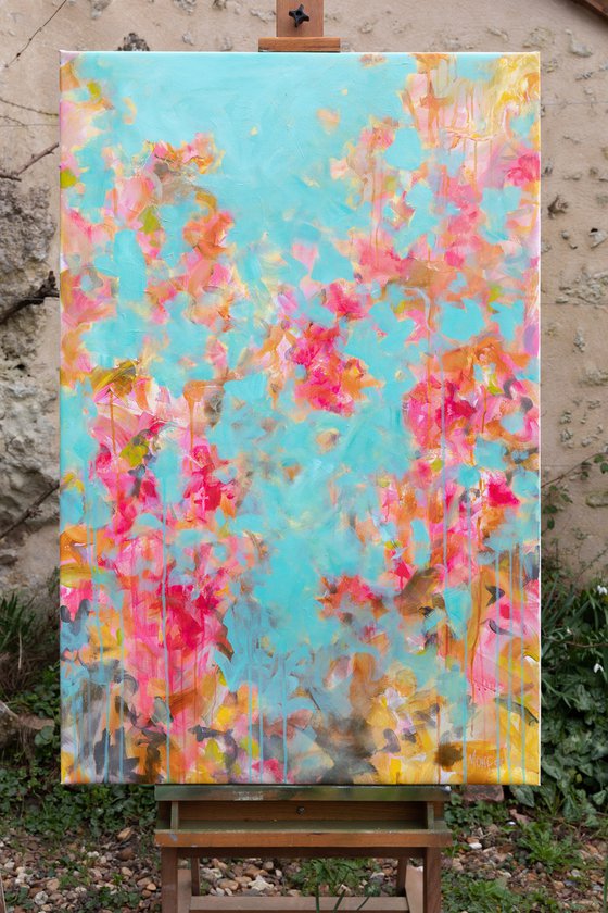 In the Bagatelle's garden in Paris - Roses Impressionistic painting - modern floral - contemporary - romantic - shabby chic - LARGE SIZE UNSTRETCHED