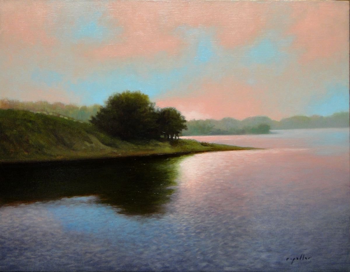 Impressionistic Landscape Oil Painting By Rick Paller, 18 X 14", Evening On The Lake, Original Artwork
