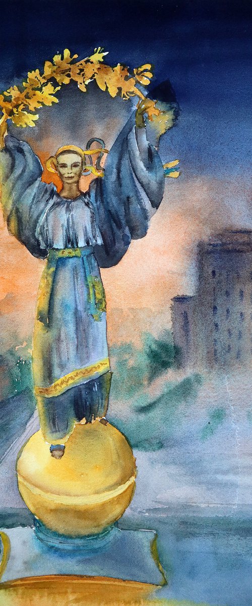 Freedom of Ukraine in Watercolor - Independence Monument by Yana Shvets