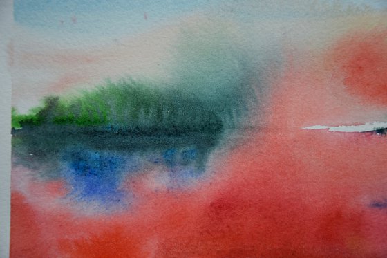 Abstract landscape painting, original watercolor painting, abstract red wall art