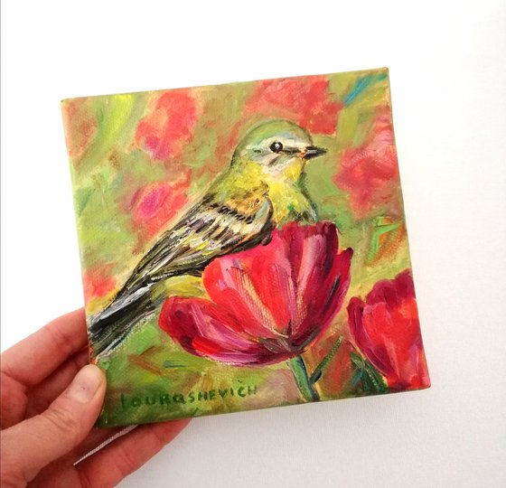 Vibrant Bird 6x6"Oil on Canvas,Exotic Bird Painting,Sweet Home Decoration,Small Square Artwork,Mini Fine Art Piece,Gallery Wall Collection