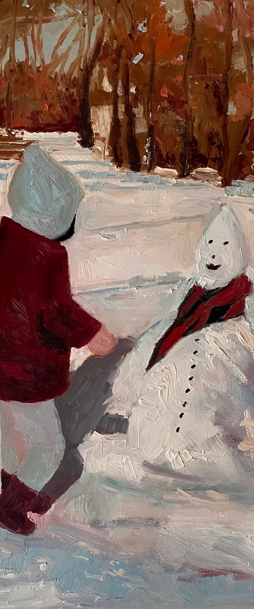 Hey Snowman! Winter landscape oil painting by Padmaja Madhu