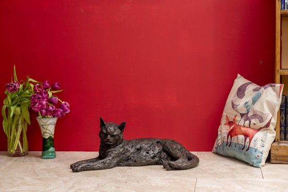 Lying Cat in Bronze Resin