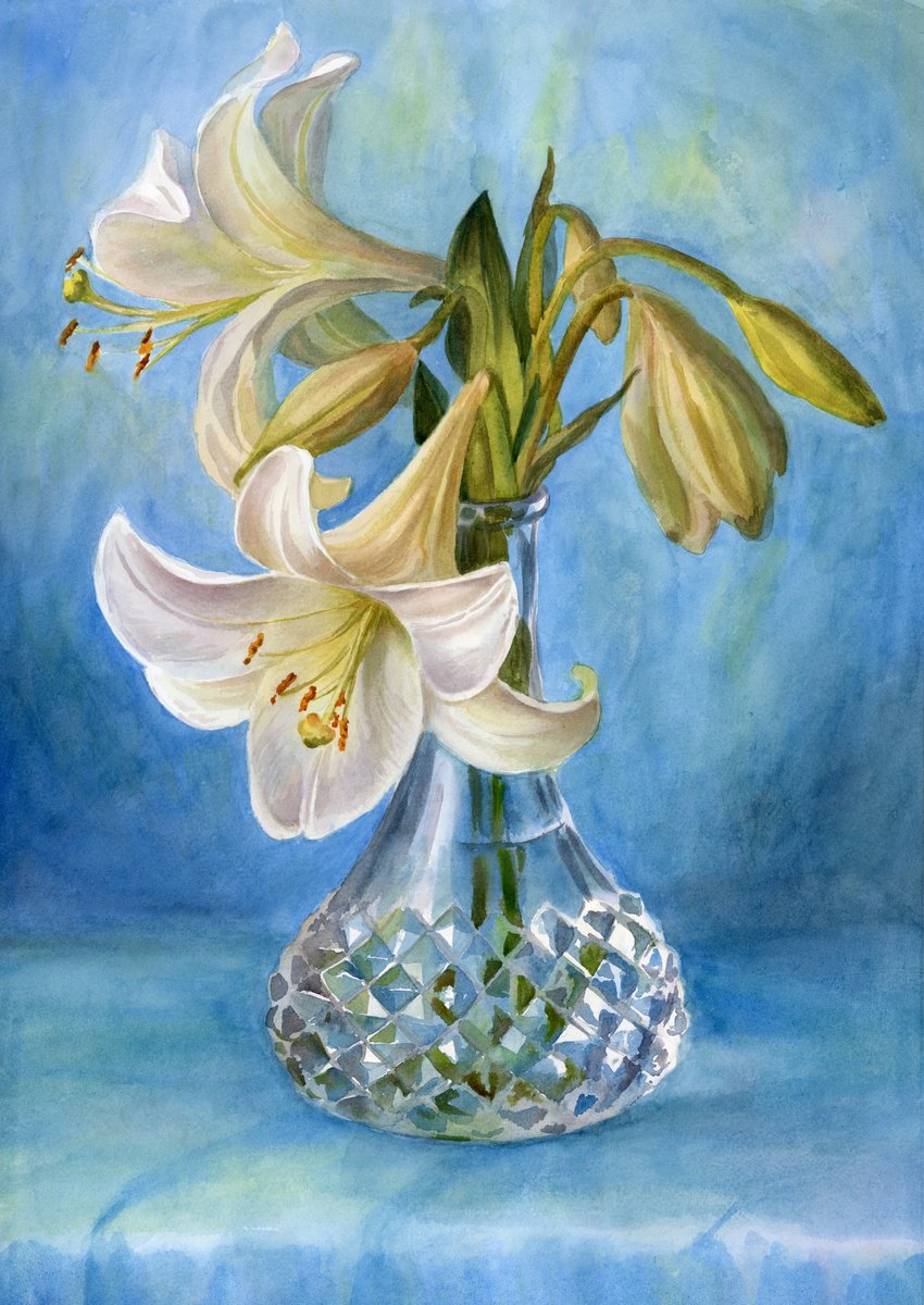 Photorealistic Still Life Watercolour By Yulia Krasnov, 16 X 23", White Lily, Original Artwork