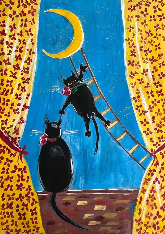 Cat Painting Moon Original Art Couple Gouache Artwork Lovers Wall Art 12 by 17 inches