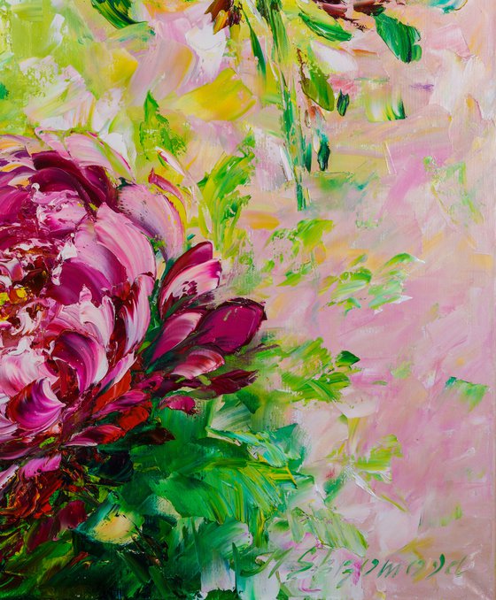 WINDOW TO THE GARDEN - Peonies. Diptych. Pink peony. Chrysanthemums. White. Voluminous bud. Macro style. two paintings. Flower set.