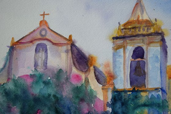 Blossoming Church Watercolor painting Italian town Taormina in summer